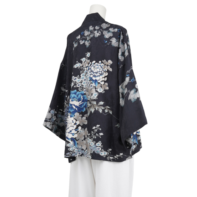 花柄 シルクハオリS ＜蔦と菊牡丹/黒青＞ | 京友禅アロハシャツ