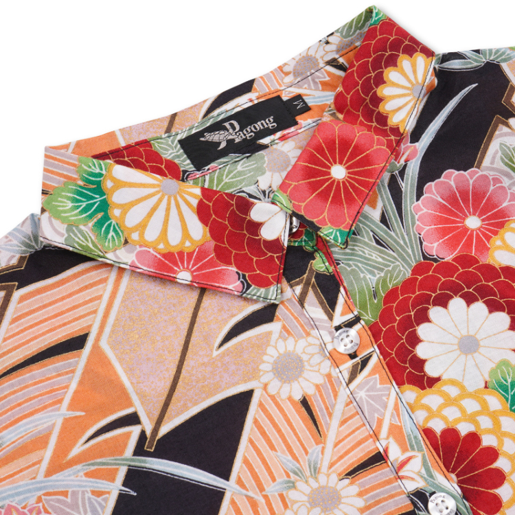 和柄 ブラウス ＜矢羽根/黒赤＞ | 京友禅アロハシャツ【Pagong】公式