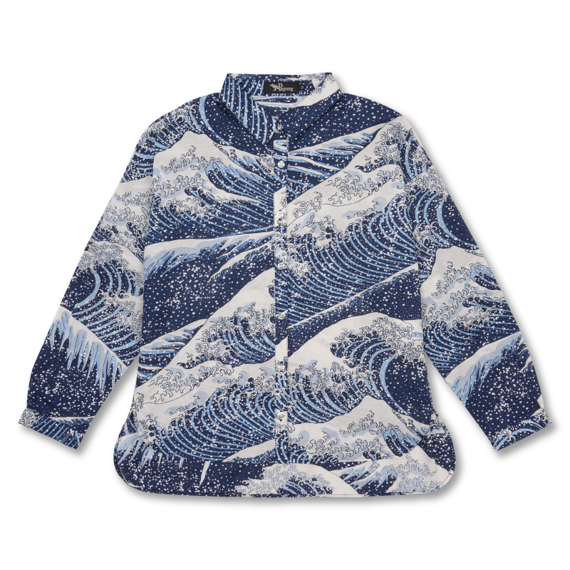 葛飾北斎 ブラウス ＜大波/青＞ | 京友禅アロハシャツ【Pagong