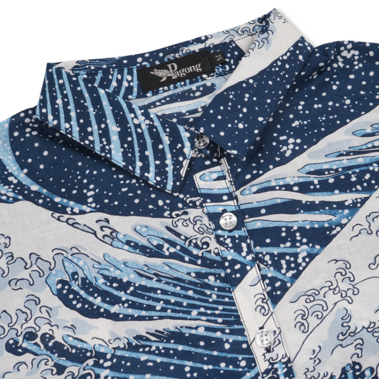 葛飾北斎 ブラウス ＜大波/青＞ | 京友禅アロハシャツ【Pagong】公式