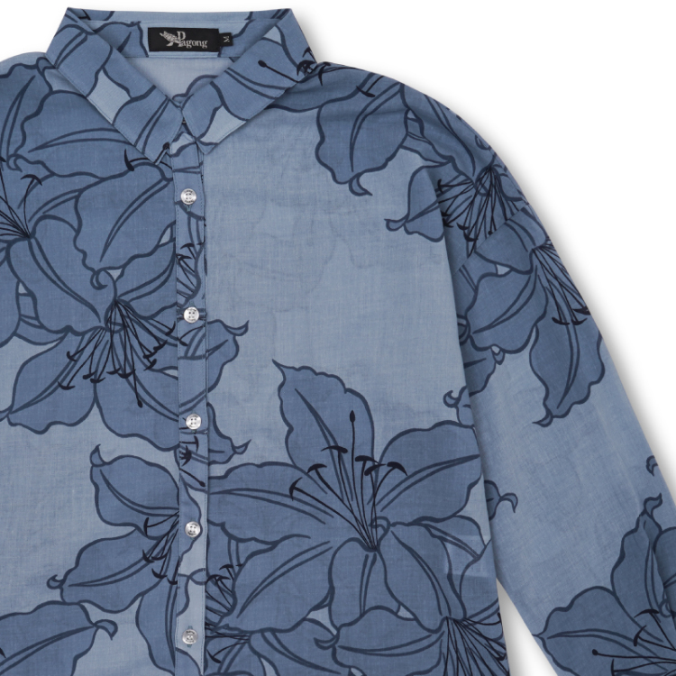 花柄 ブラウス ＜百合ちらし/浅葱色＞ | 京友禅アロハシャツ【Pagong