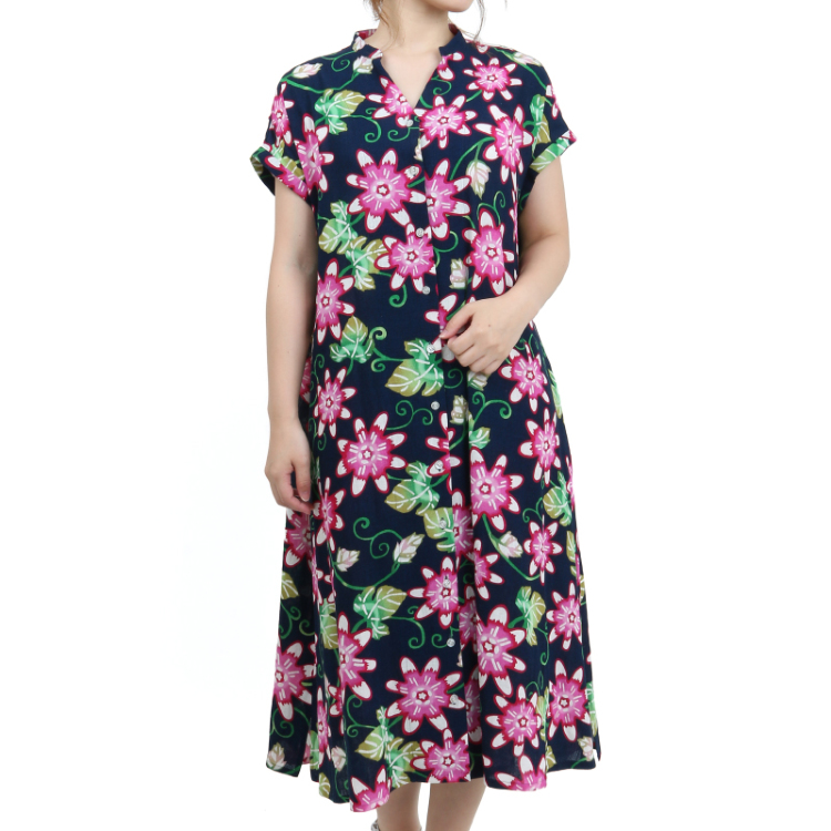 紅琉 ロングワンピース 時計草 紺桃 Pagong レディース 京友禅アロハシャツ Pagong 公式通販サイト Pagong ネットショップ