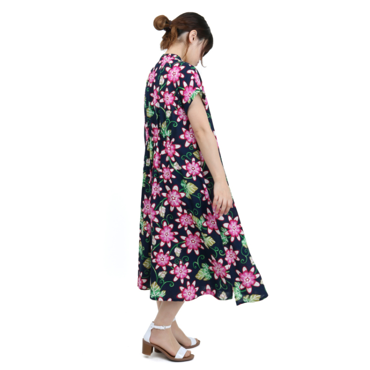 紅琉 ロングワンピース 時計草 紺桃 Pagong レディース 京友禅アロハシャツ Pagong 公式通販サイト Pagong ネットショップ
