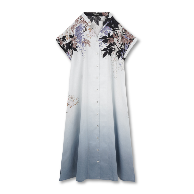 新品・タグ付✨pagong パゴン　ワンピース　リネン混　花と孔雀 和柄 オフタートルワンピース ＜孔雀/紺紫＞ | 京友禅アロハ