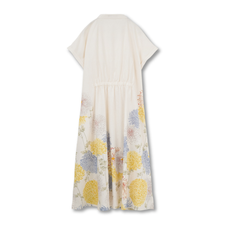 花柄 ロングワンピース ＜彩り菊蔦文様/白青黄＞ | 京友禅アロハシャツ