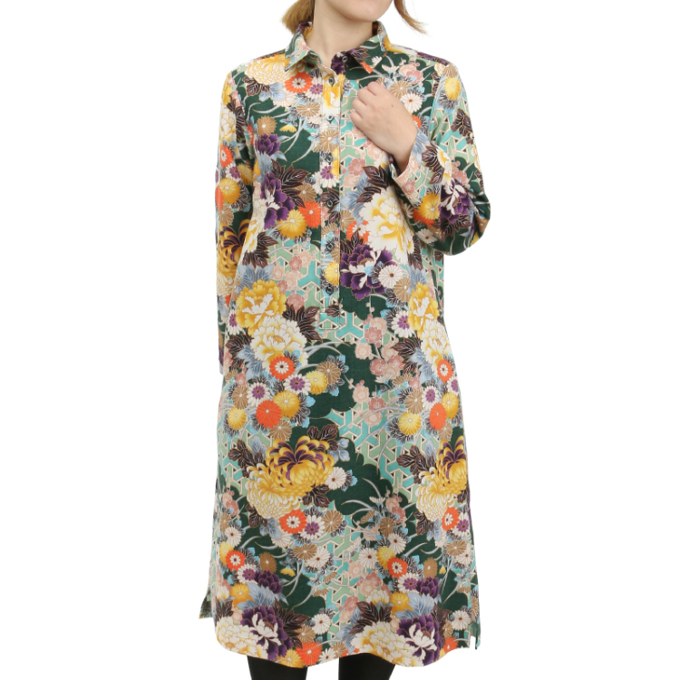 花柄 シャツカラーワンピース長袖 牡丹と菊 濃緑 Pagong レディース 京友禅アロハシャツ Pagong 公式通販サイト Pagong ネットショップ