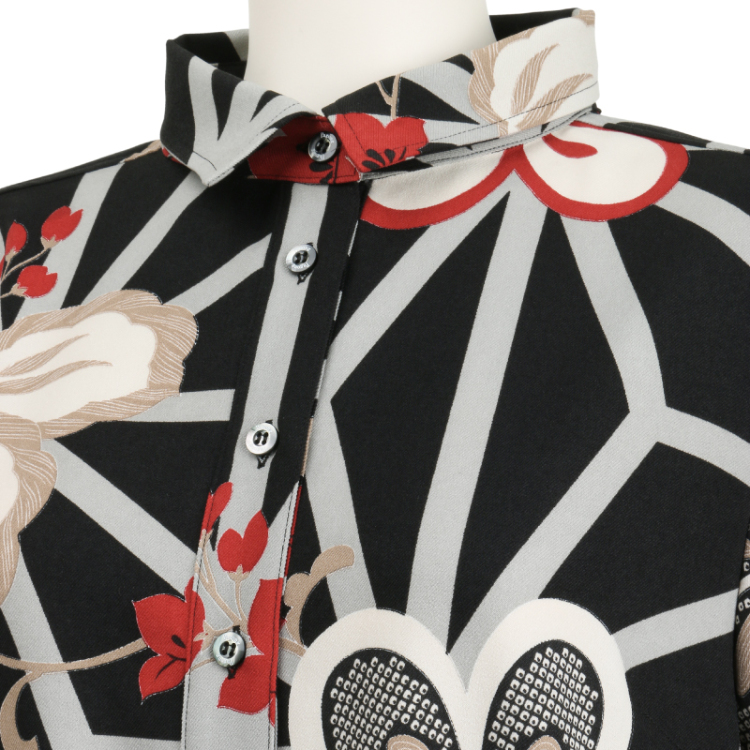 花柄 シャツカラーワンピース長袖 梅と桐 黒赤 Pagong レディース 京友禅アロハシャツ Pagong 公式通販サイト Pagong ネットショップ