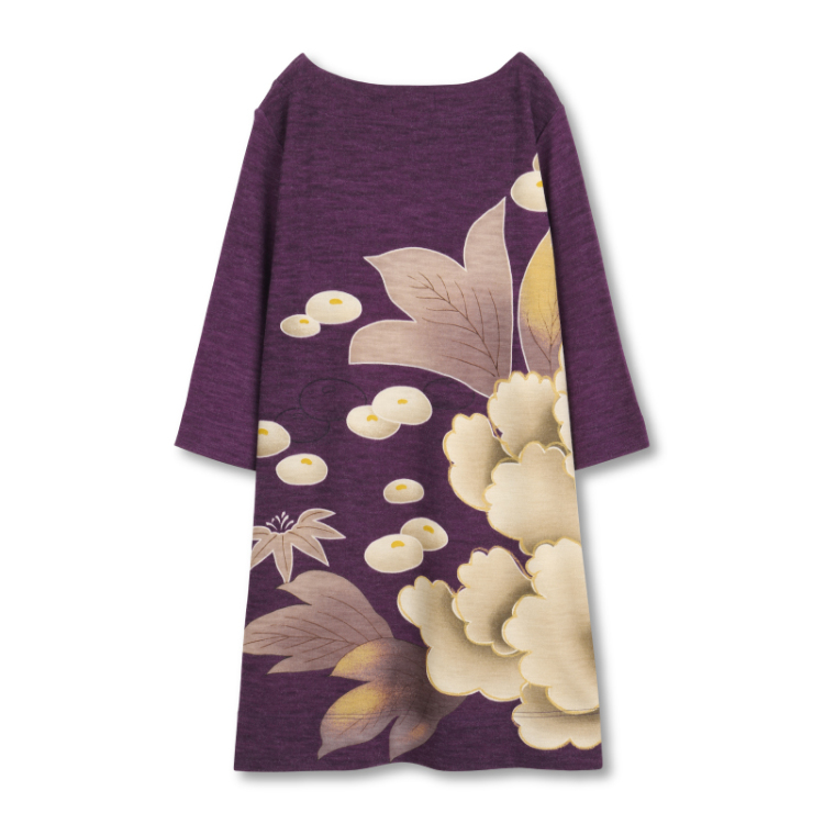 花柄 ウールボートネックワンピース 大牡丹と光琳菊 紫 Pagong レディース 京友禅アロハシャツ Pagong 公式通販サイト Pagong ネットショップ
