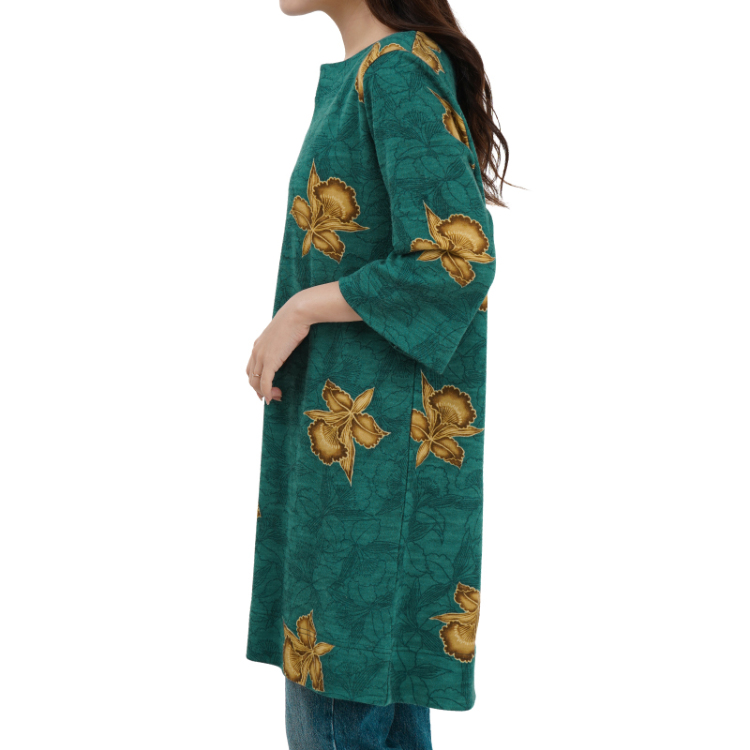 花柄 ウールボートネックチュニック ＜線画花文様/緑＞ | 京友禅アロハ