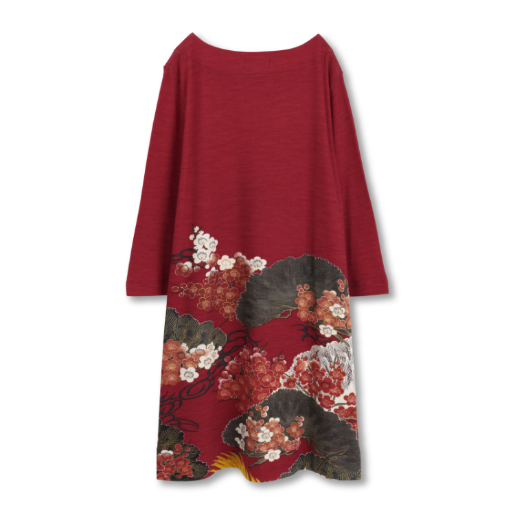 和柄 ウールボートネックワンピース 百年の鶴 濃赤 Pagong レディース 京友禅アロハシャツ Pagong 公式通販サイト Pagong ネットショップ