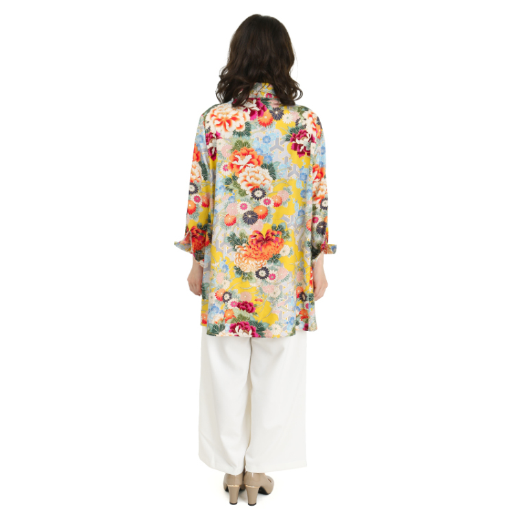 花柄 シャツジャケット 牡丹と菊 黄色 Pagong レディース 京友禅アロハシャツ Pagong 公式通販サイト Pagong ネットショップ