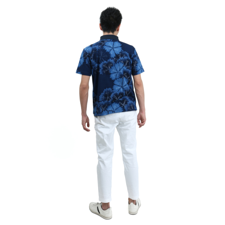 和柄 メンズポロシャツ ＜なでしこ/紺＞ | 京友禅アロハシャツ