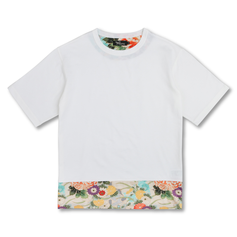 和柄 ﾒﾝｽﾞ切替Tシャツ ＜牡丹と菊/橙＞