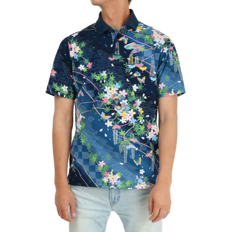 和柄 メンズポロシャツ 桜ぼかし 紺桃 Pagong メンズ 京友禅アロハシャツ Pagong 公式通販サイト Pagong ネットショップ