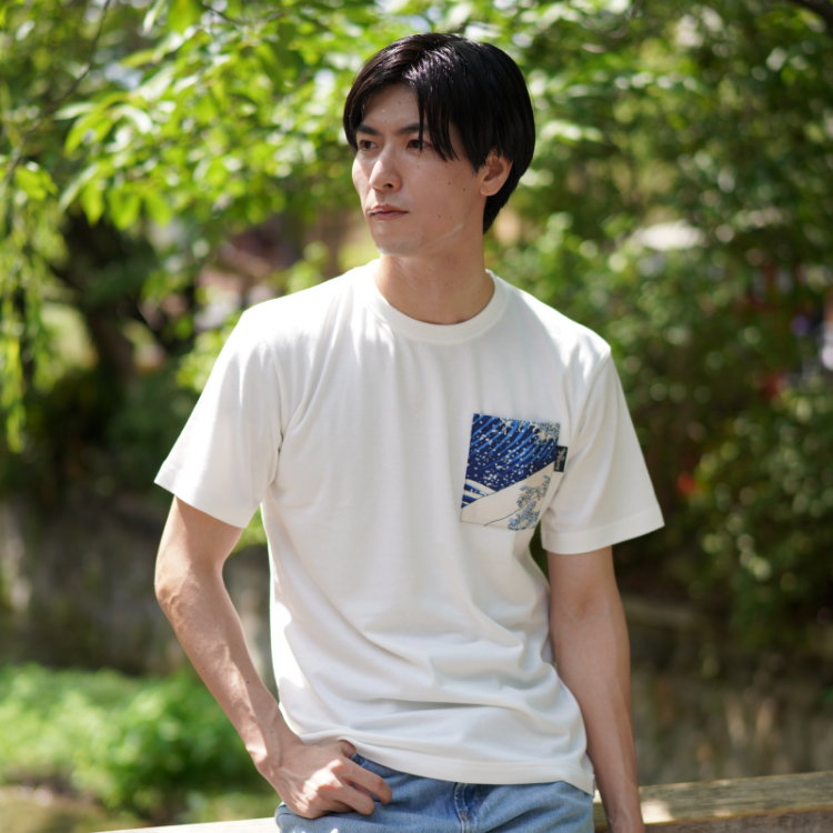 葛飾北斎 キモノポケットTシャツ ＜大波/白＞ | 京友禅アロハシャツ
