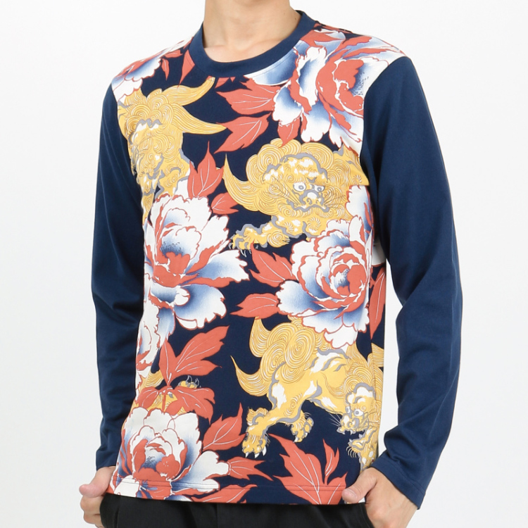 和柄 メンズ長袖tシャツ 唐獅子牡丹 紺赤 Pagong メンズ 京友禅アロハシャツ Pagong 公式通販サイト Pagong ネットショップ