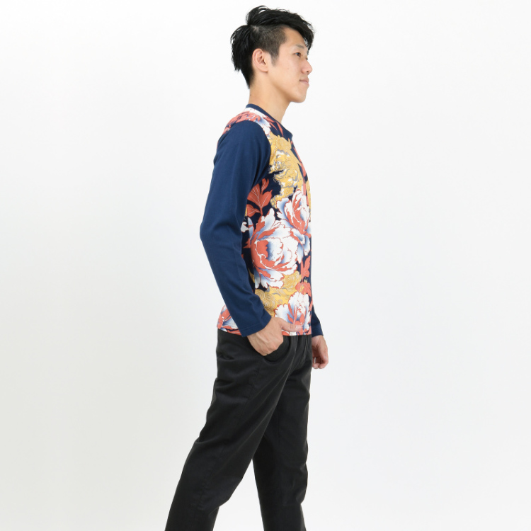 和柄 メンズ長袖tシャツ 唐獅子牡丹 紺赤 Pagong メンズ Pagong公式通販サイト Pagong ネットショップ