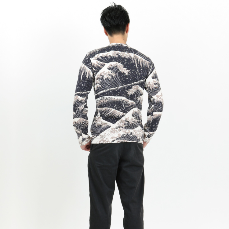 葛飾北斎 メンズ長袖tシャツ 大波 黒鼠 Pagong メンズ 京友禅アロハシャツ Pagong 公式通販サイト Pagong ネットショップ