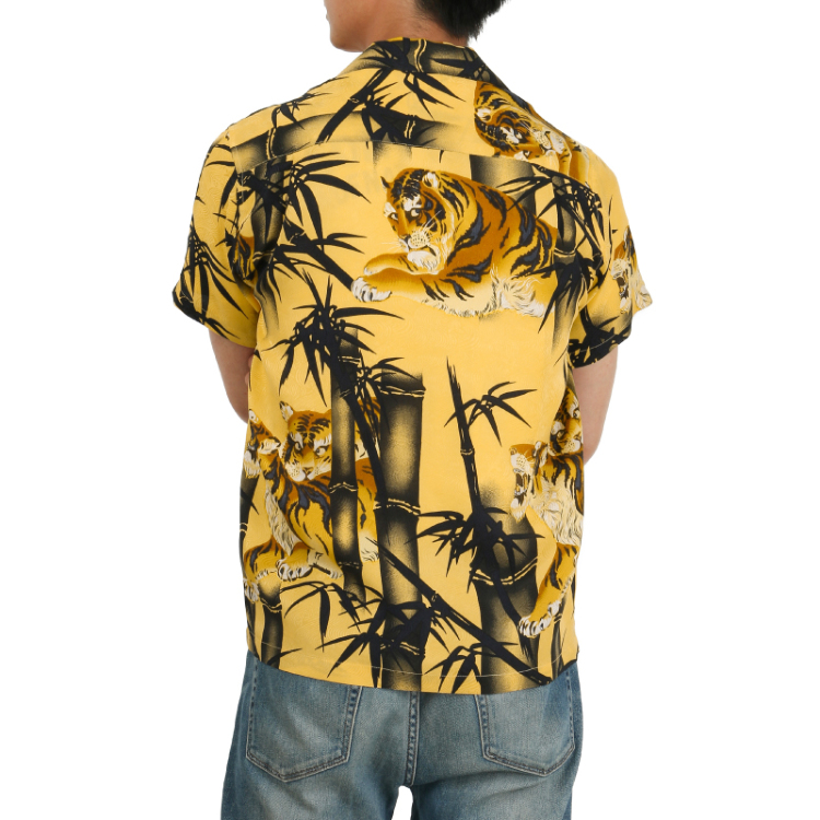 和柄 アロハシャツ ＜竹林の虎/黄色＞ Pagong メンズ | 京友禅アロハ