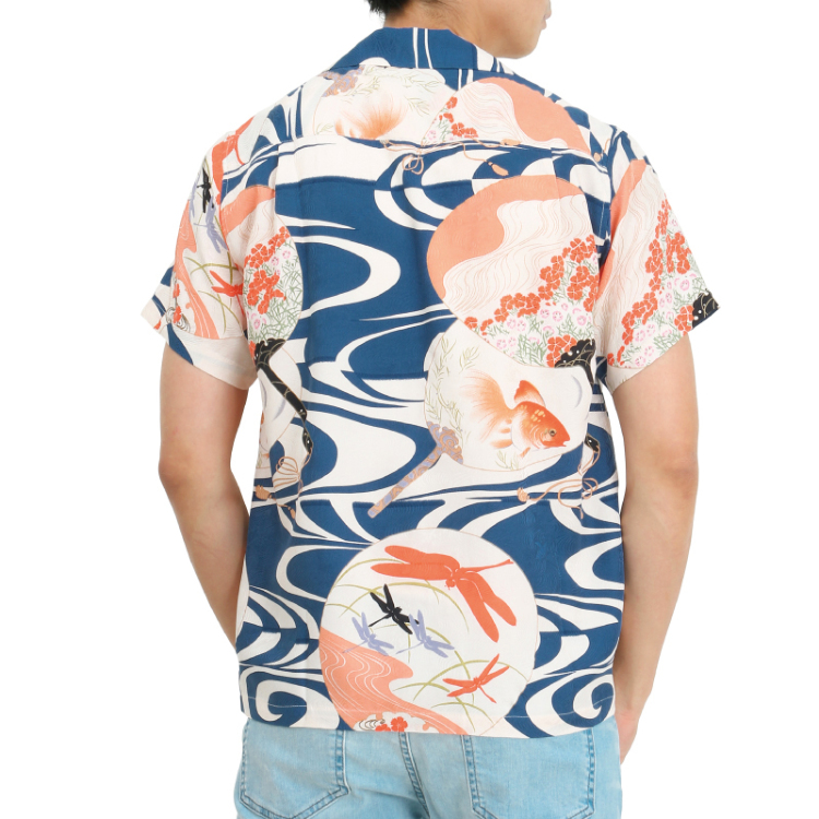 Pagong パゴン　アロハ京友禅シャツ LL カラフル、夏っぽい柄 和柄 京友禅アロハシャツ ＜流水にうちわ/紺＞ | 京友禅アロハ
