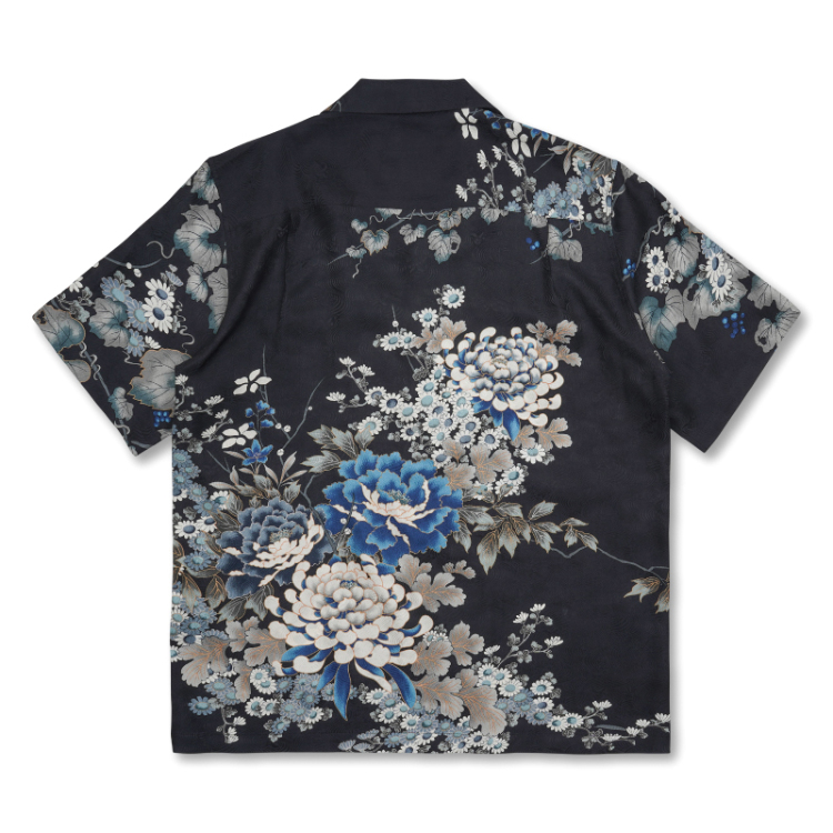 花柄 京友禅アロハシャツ ＜蔦と菊牡丹/黒青＞ | 京友禅アロハシャツ