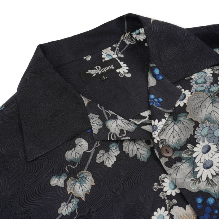 花柄 京友禅アロハシャツ ＜蔦と菊牡丹/黒青＞ | 京友禅アロハシャツ