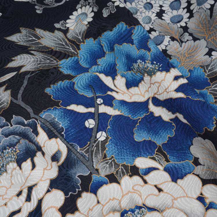 花柄 京友禅アロハシャツ ＜蔦と菊牡丹/黒青＞ | 京友禅アロハシャツ