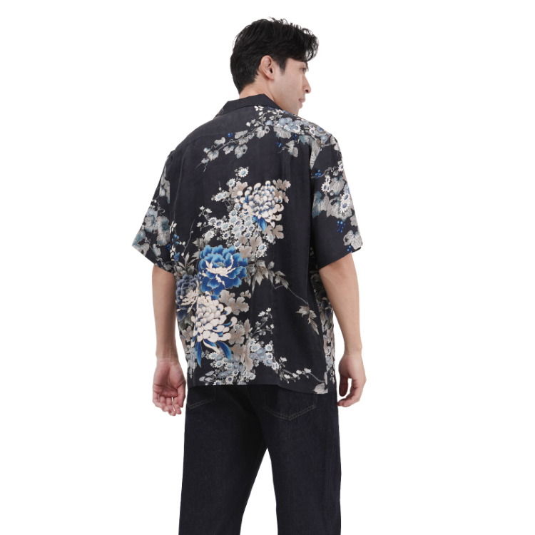 花柄 京友禅アロハシャツ ＜蔦と菊牡丹/黒青＞ | 京友禅アロハシャツ