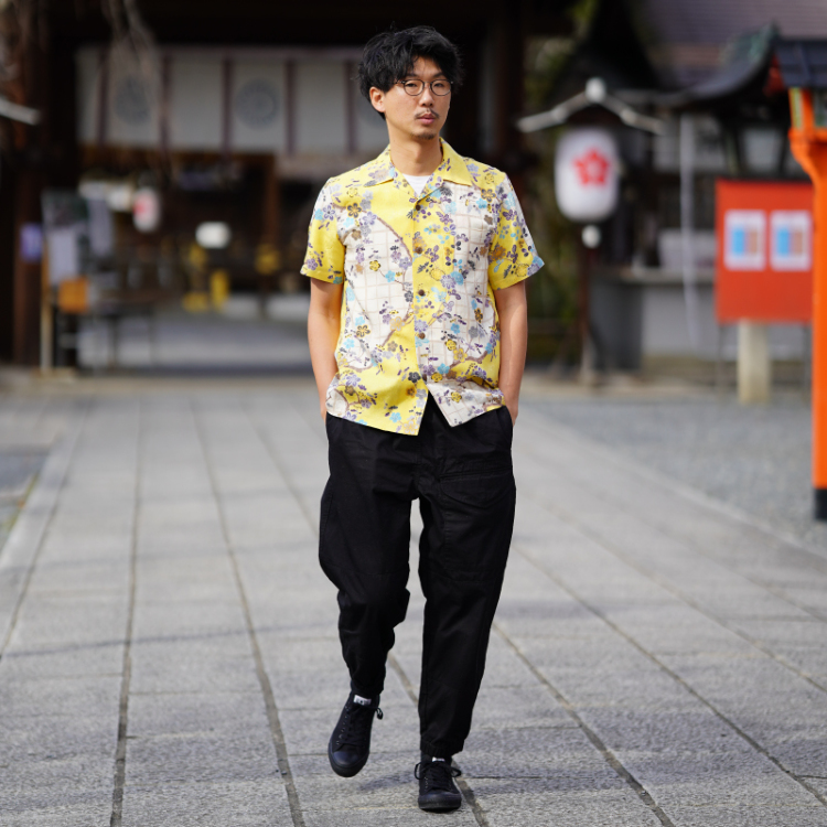 和柄 京友禅アロハシャツ ＜格子に梅樹秋草/黄＞ | 京友禅アロハ