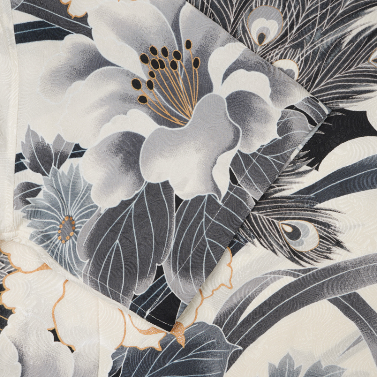 和柄 京友禅アロハシャツ ＜花と孔雀/白黒＞ | 京友禅アロハシャツ