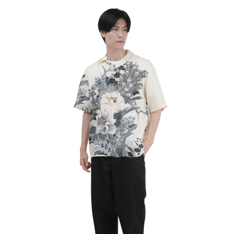 Pagong シルク アロハシャツ LL カメ柄入り　総柄　花柄　京友禅 Pagong シルク アロハシャツ LL カメ柄入り 総柄 花柄 京友禅