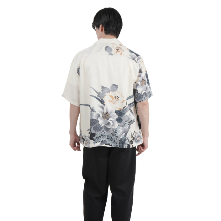 和柄 京友禅アロハシャツ ＜花と孔雀/白黒＞ | 京友禅アロハ