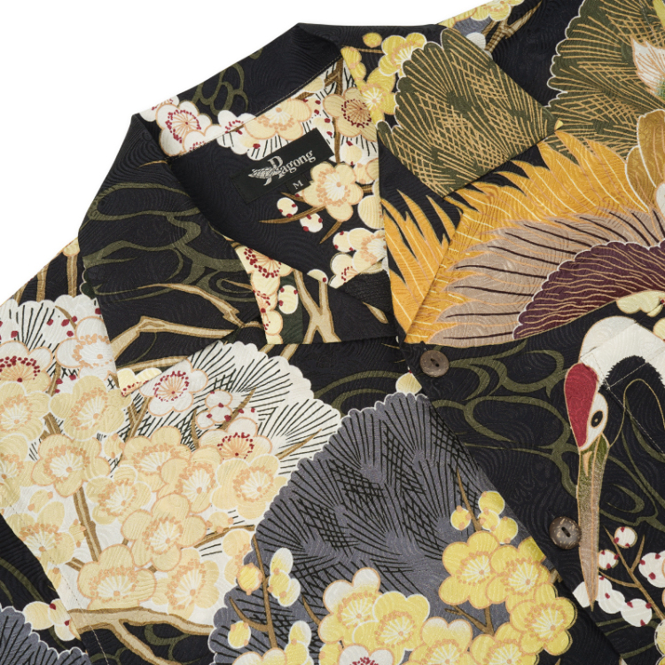 鶴 波柄 和柄アロハシャツ FUKUWAUCHI 鶴と波柄 アロハシャツ 半袖 和柄 シルク30