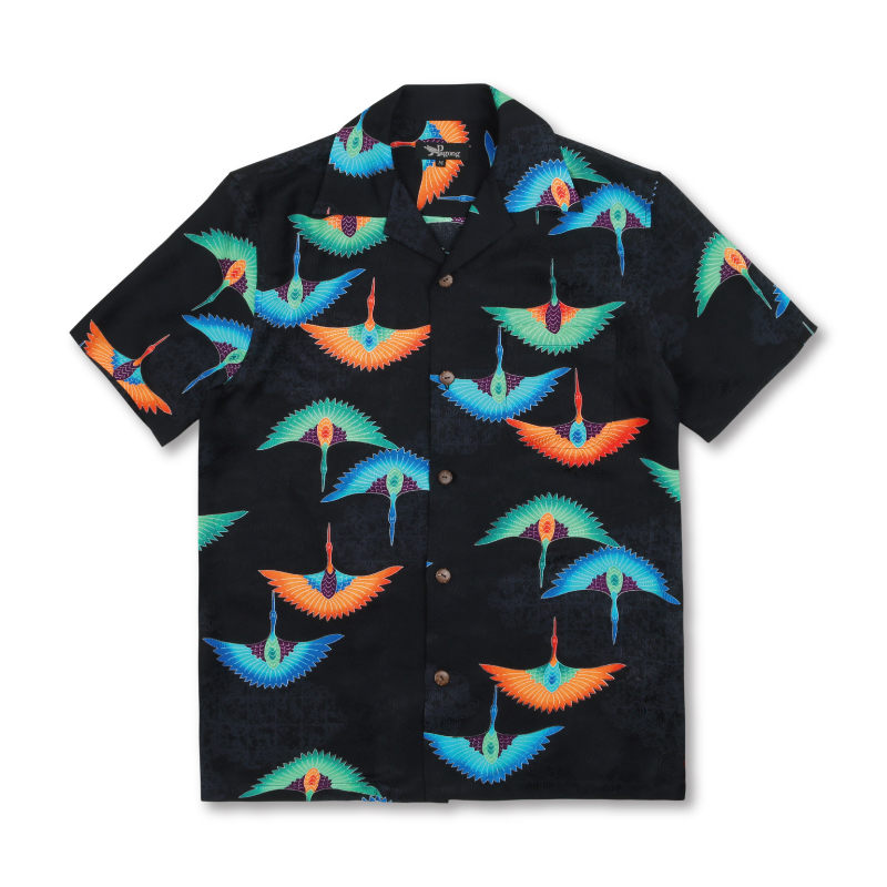 鶴、波柄 和柄アロハシャツ