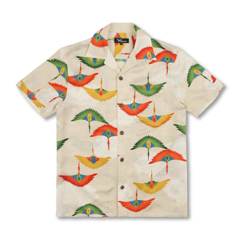シルク素材の洗濯注意鶴のお散歩ー着物リメイクアロハシャツ、シルク素材、縁起物！