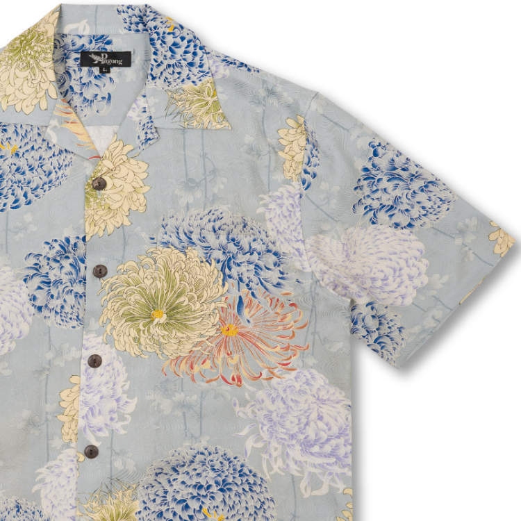 花柄 京友禅アロハシャツ ＜彩り菊蔦文様/淡鼠＞ | 京友禅アロハシャツ