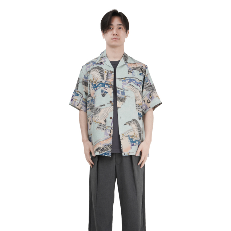 和柄 京友禅アロハシャツ ＜鷹に几帳/青鼠＞ | 京友禅アロハ