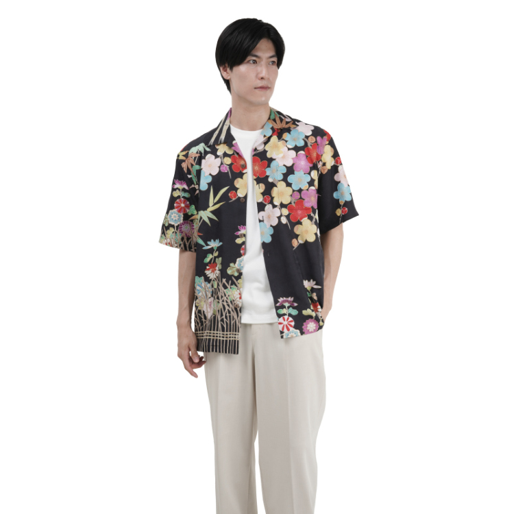 歌舞伎柄 京友禅アロハシャツ ＜梅竹に菊籬/黒赤＞ | 京友禅アロハ
