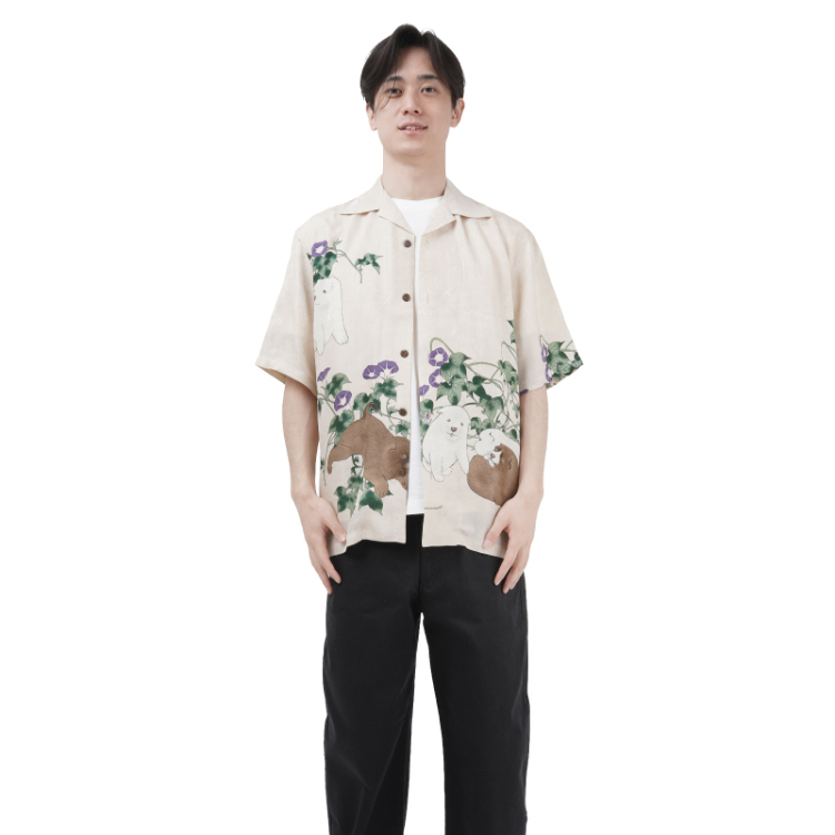 円山応挙 京友禅アロハシャツ ＜朝顔狗子図/砂色＞ | 京友禅アロハ