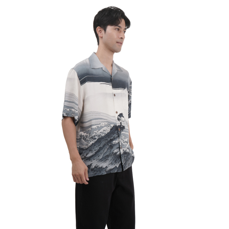 葛飾北斎 京友禅アロハシャツ ＜甲州石班澤/白黒＞ | 京友禅アロハ
