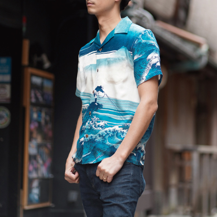 葛飾北斎 京友禅アロハシャツ ＜甲州石班澤/白紺＞ | 京友禅アロハ