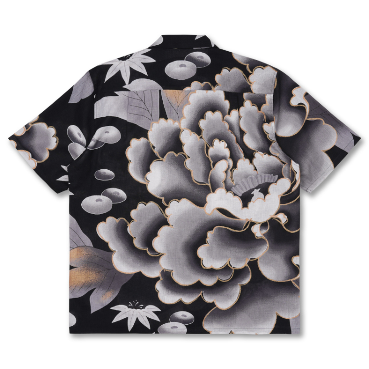 花柄 コットンアロハシャツ ＜大牡丹と光琳菊/黒鼠＞ | 京友禅アロハ