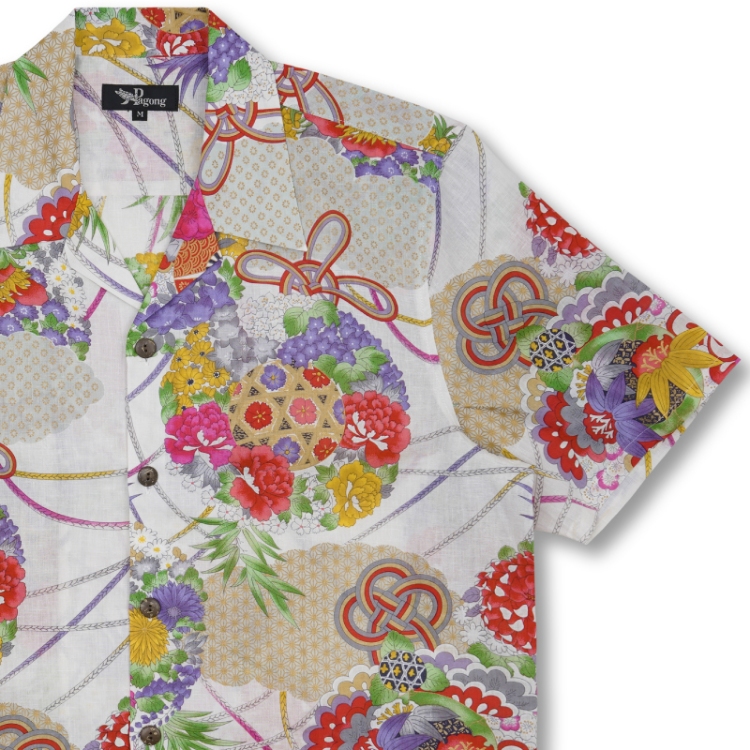 和柄 コットンアロハシャツ ＜薬玉/白＞ | 京友禅アロハシャツ【Pagong