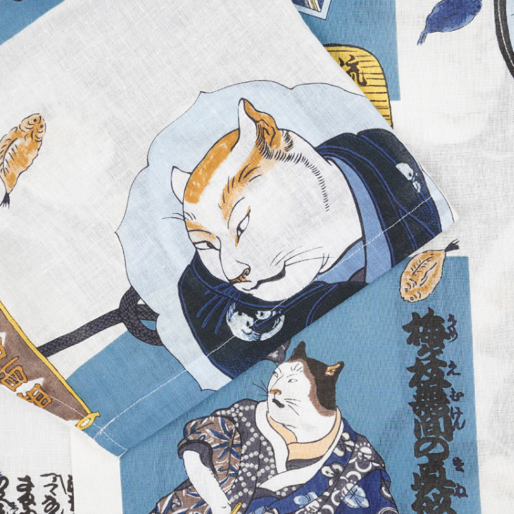 Pagong パゴン XL相当 アロハ 歌川国芳 浮世絵 猫 コットン リネン 歌川国芳 コットンアロハシャツ ＜猫の歌舞伎/白水色＞ | 京友禅アロハ