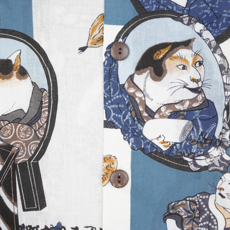 歌川国芳 コットンアロハシャツ ＜猫の歌舞伎/白水色＞ | 京友禅アロハ