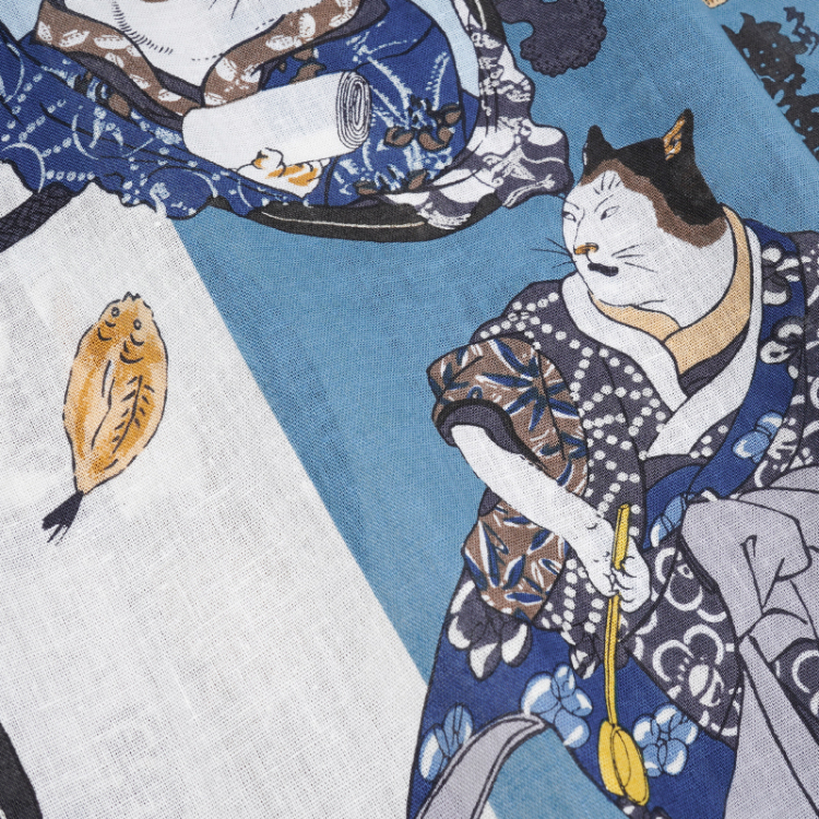 歌川国芳 コットンアロハシャツ ＜猫の歌舞伎/白水色＞ | 京友禅アロハ