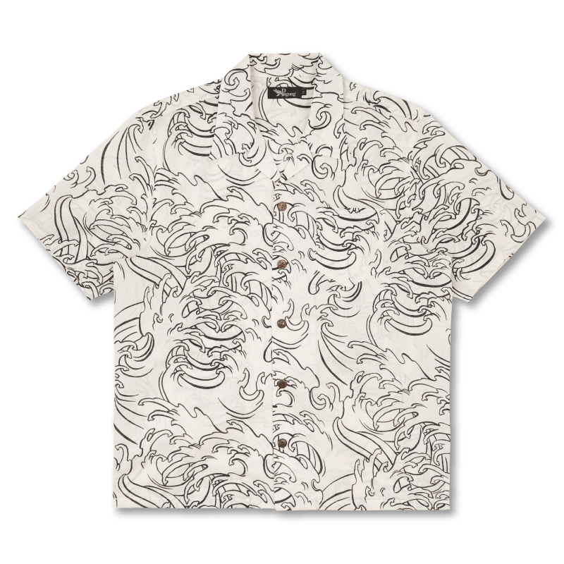 祇園だるま コットンアロハシャツ ＜額波/白黒＞ | 京友禅アロハ