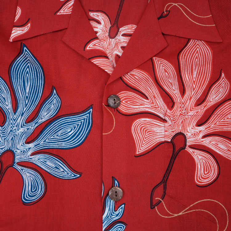 和柄 コットンアロハシャツ ＜鞍馬天狗のうちわ/赤橙＞ | 京友禅