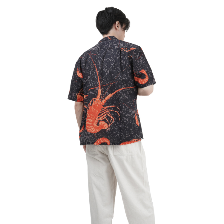 ★ハンドメイド　ウールモスリン　男物長じゅばん用生地　 ★メンズアロハシャツ　M 和柄 コットンアロハシャツ ＜滝と扇面/白群＞ | 京友禅アロハ