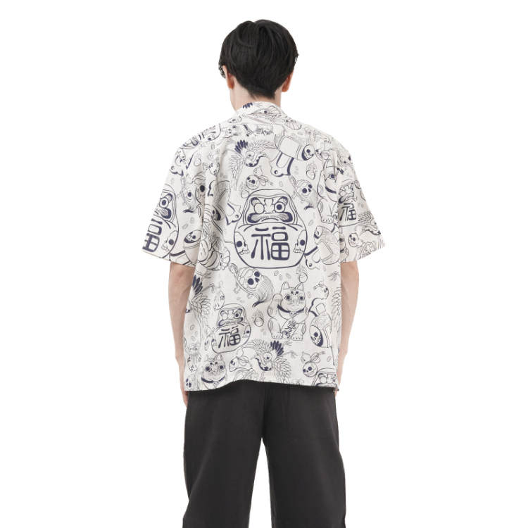 祇園だるま コットンアロハシャツ ＜招福だるま/白紺＞ | 京友禅アロハ